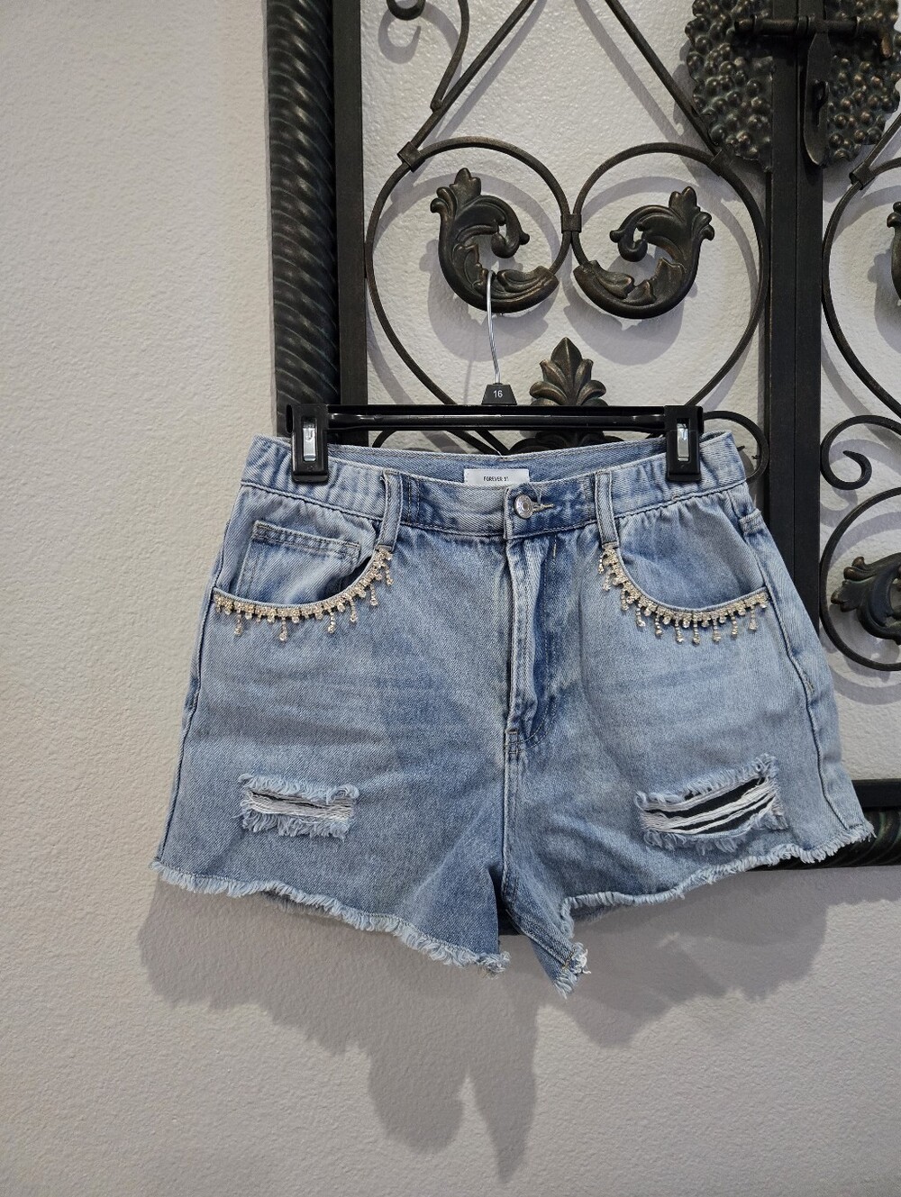 Forever 21 Light Blue Denim Shorts with Rhinestone Beaded Trim
